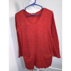 J Jill Womens Tunic Top Slub Knit Cotton Pockets Long Sleeve V Neck Red Size M